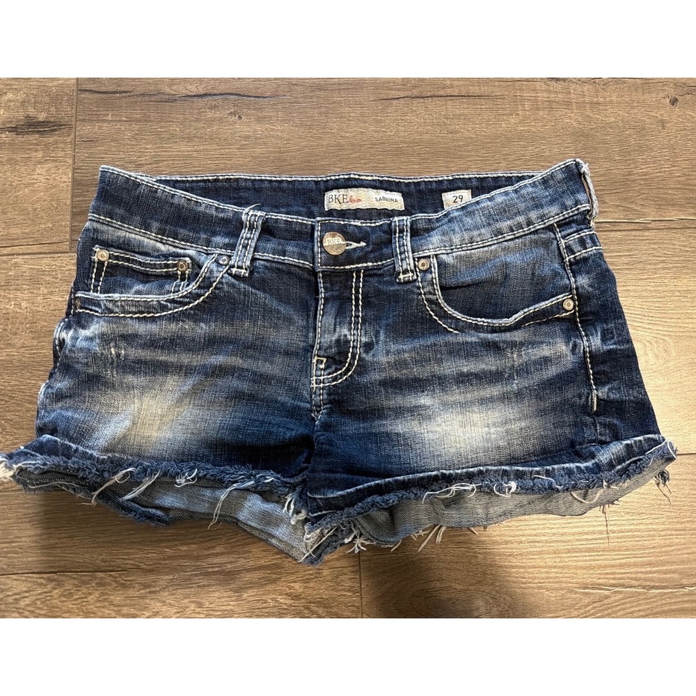 BKE Sabrina Denim Shorts Womens 29 Dark Wash Distressed Raw Hem Low Rise Y2K